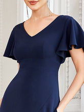Load image into Gallery viewer, Color=Navy Blue | Deep V Neck Short Ruffles Sleeves Split Wholesale Evening Dresses-Navy Blue 5