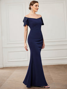 Color=Navy Blue | Classy Off Shoulders Short Sleeves Fishtail Wholesale Evening Dresses-Navy Blue 3