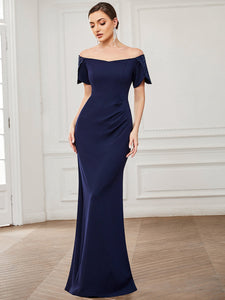 Color=Navy Blue | Classy Off Shoulders Short Sleeves Fishtail Wholesale Evening Dresses-Navy Blue 1