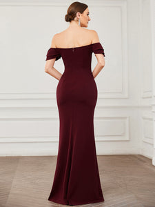 Color=Burgundy | Fishtail Off Shoulders Short Ruffles Sleeves Wholesale Evening Dresses-Burgundy 2