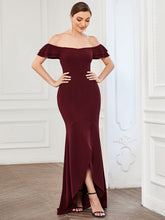 Load image into Gallery viewer, Color=Burgundy | Fishtail Off Shoulders Short Ruffles Sleeves Wholesale Evening Dresses-Burgundy 1