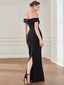 Color=Black | Short Sleeves Off Shoulder Fishtail Split Wholesale Evening Dresses-Black 2