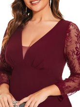 Load image into Gallery viewer, Color=Burgundy | Sexy Deep V Neck A Line See Through Sleeves Wholesale Evening Dresses-Burgundy 5