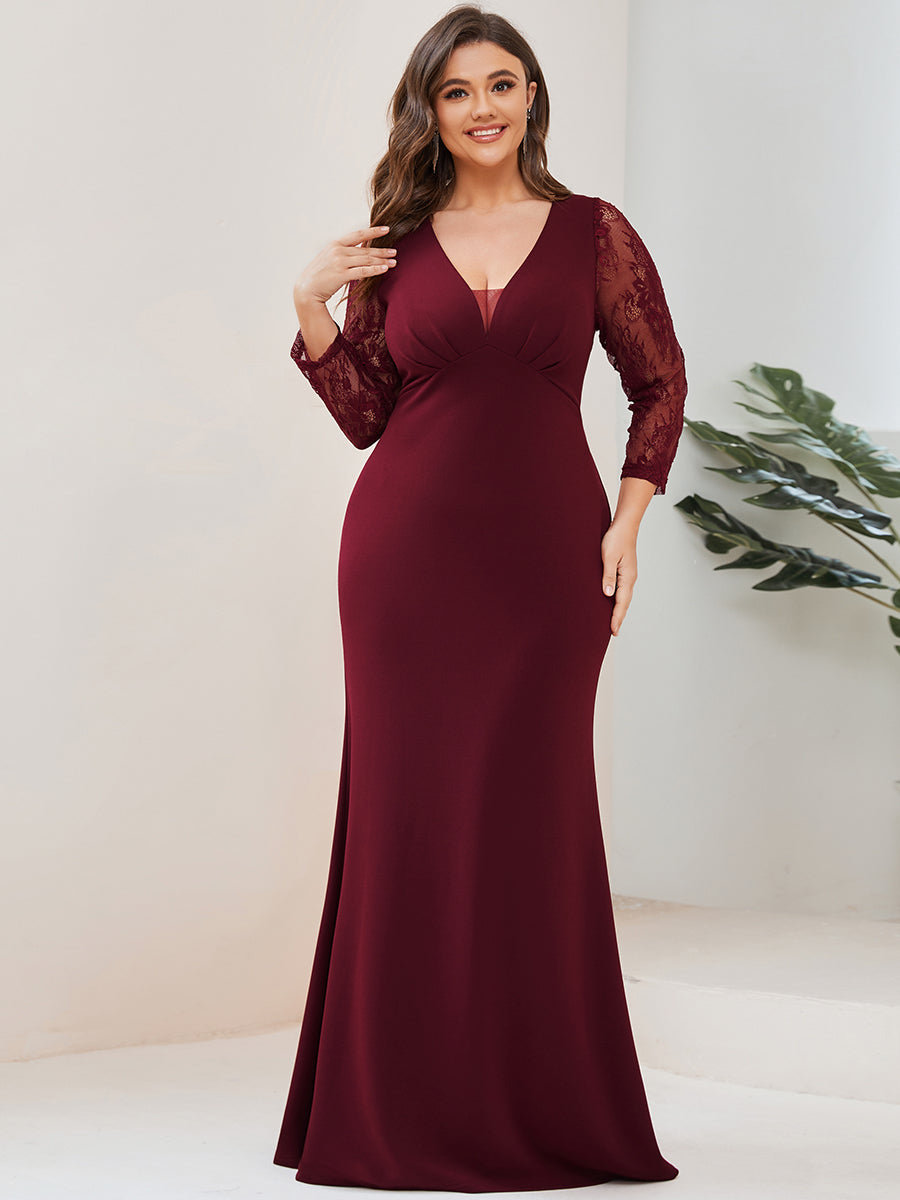 Color=Burgundy | Sexy Deep V Neck A Line See Through Sleeves Wholesale Evening Dresses-Burgundy 1