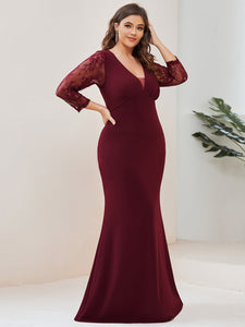 Color=Burgundy | Sexy Deep V Neck A Line See Through Sleeves Wholesale Evening Dresses-Burgundy 3