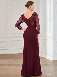 Color=Burgundy | Sexy Deep V Neck A Line See Through Sleeves Wholesale Evening Dresses-Burgundy 2