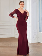 Load image into Gallery viewer, Color=Burgundy | Sexy Deep V Neck A Line See Through Sleeves Wholesale Evening Dresses-Burgundy 3