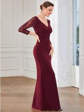 Load image into Gallery viewer, Color=Burgundy | Sexy Deep V Neck A Line See Through Sleeves Wholesale Evening Dresses-Burgundy 4