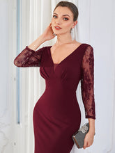 Load image into Gallery viewer, Color=Burgundy | Sexy Deep V Neck A Line See Through Sleeves Wholesale Evening Dresses-Burgundy 5
