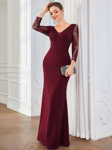 Color=Burgundy | Sexy Deep V Neck A Line See Through Sleeves Wholesale Evening Dresses-Burgundy 1
