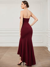 Load image into Gallery viewer, Color=Burgundy | Sexy Strapless Fishtail Asymmetrical Hem Wholesale Evening Dresses-Burgundy 2