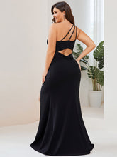 Load image into Gallery viewer, Color=Black | Floor Length One Shoulder Split Fishtail Wholesale Evening Dresses-Black 2