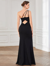 Load image into Gallery viewer, Color=Black | Floor Length One Shoulder Split Fishtail Wholesale Evening Dresses-Black 2