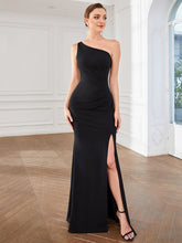 Load image into Gallery viewer, Color=Black | Floor Length One Shoulder Split Fishtail Wholesale Evening Dresses-Black 3