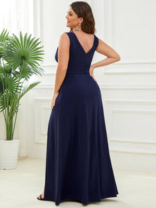 Color=Navy Blue | Deep V Neck Sleeveless A Line Wholesale Evening Dresses with Split-Navy Blue 2