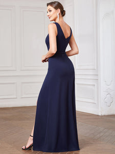 Color=Navy Blue | Deep V Neck Sleeveless A Line Wholesale Evening Dresses with Split-Navy Blue 2