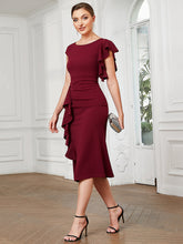 Load image into Gallery viewer, Color=Burgundy | Knee Length Cover Sleeves Round Neck Split Wholesale Evening Dresses-Burgundy 3