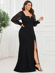 Color=Black | Square Neckline Long Sleeves A Line Wholesale Evening Dresses-Black 3