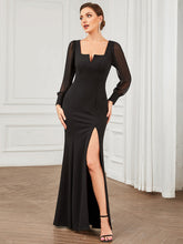 Load image into Gallery viewer, Color=Black | Square Neckline Long Sleeves A Line Wholesale Evening Dresses-Black 4