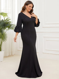 Color=Black | Sexy Fishtail Deep V Neck Puff Sleeves Wholesale Evening Dresses-Black 3