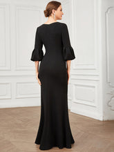 Load image into Gallery viewer, Color=Black | Sexy Fishtail Deep V Neck Puff Sleeves Wholesale Evening Dresses-Black 2