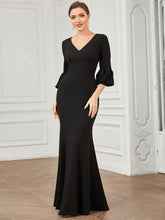 Load image into Gallery viewer, Color=Black | Sexy Fishtail Deep V Neck Puff Sleeves Wholesale Evening Dresses-Black 3