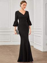 Load image into Gallery viewer, Color=Black | Sexy Fishtail Deep V Neck Puff Sleeves Wholesale Evening Dresses-Black 4