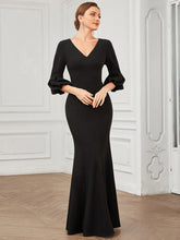 Load image into Gallery viewer, Color=Black | Sexy Fishtail Deep V Neck Puff Sleeves Wholesale Evening Dresses-Black 1