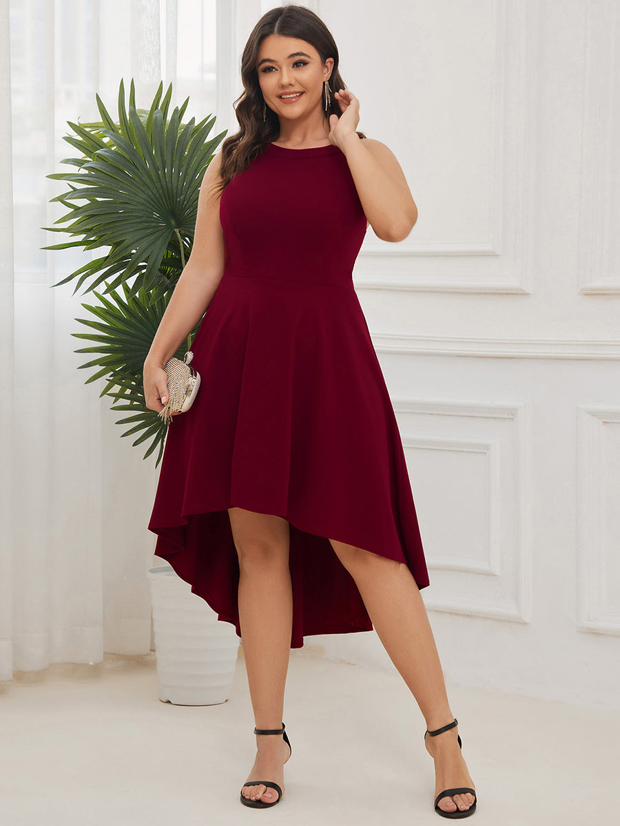 Color=Burgundy | Round Neck Knee Length Asymmetrical Hem Wholesale Evening Dresses-Burgundy 1