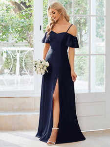 Color=Navy Blue | Off Shoulder Floor Length A Line Sleeveless Wholesale Knitted Evening Dresses-Navy Blue 4
