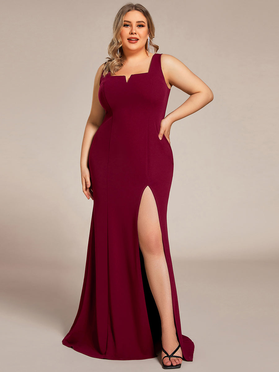 Color=Burgundy | Square Neck High Split Mermaid Wholesale Evening Dresses-Burgundy 1