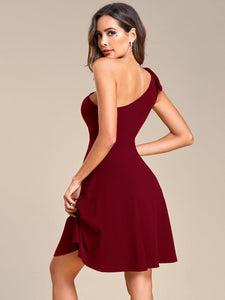 Color=Burgundy | Bowknot Asymetrical One ShoulderCocktai Dress-Burgundy