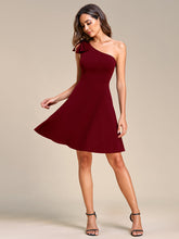 Load image into Gallery viewer, Color=Burgundy | Bowknot Asymetrical One ShoulderCocktai Dress-Burgundy 1