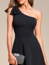 Load image into Gallery viewer, Color=Black | Bowknot Asymetrical One ShoulderCocktai Dress-Black