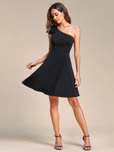 Load image into Gallery viewer, Color=Black | Bowknot Asymetrical One ShoulderCocktai Dress-Black
