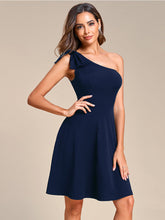 Load image into Gallery viewer, Color=Navy Blue | Bowknot Asymetrical One ShoulderCocktai Dress-Navy Blue