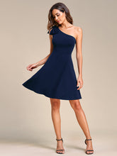 Load image into Gallery viewer, Color=Navy Blue | Bowknot Asymetrical One ShoulderCocktai Dress-Navy Blue