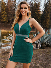 Load image into Gallery viewer, Color=Dark Green | Classy Short length Cocktail Dress with Deep V-neck-Dark Green 3
