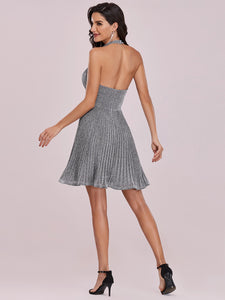 Color=Grey | Classy Short length Cocktail Dress with Deep V-neck-Grey 6