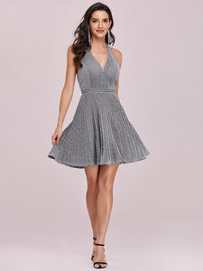 Color=Grey | Classy Short length Cocktail Dress with Deep V-neck-Grey 5
