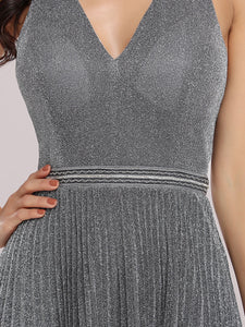 Color=Grey | Classy Short length Cocktail Dress with Deep V-neck-Grey 7