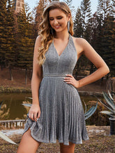 Load image into Gallery viewer, Color=Grey | Classy Short length Cocktail Dress with Deep V-neck-Grey 2