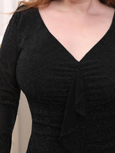 Load image into Gallery viewer, Color=Black | Stylish Wholesale Long Sleeve Plus Size V Neck Cocktail Dress Ec03137-Black 5