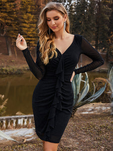 Color=Black | Stylish Wholesale Long Sleeve Plus Size V Neck Cocktail Dress Ec03137-Black 7
