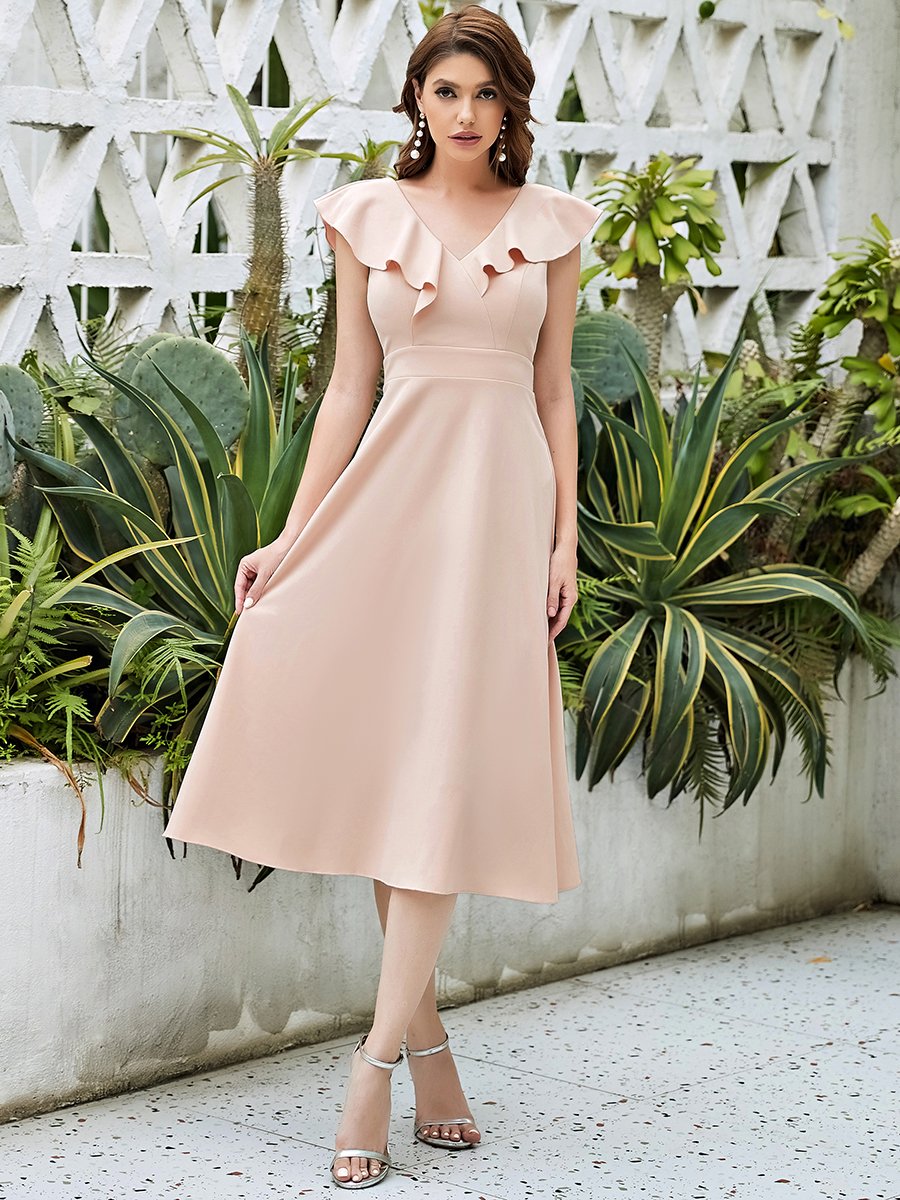 Color=Blush | Women's Deep V Neck Wholesale Petite Cocktail Dresses-Blush 1