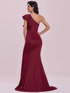 Color=Burgundy | Elegant Maxi One Shoulder Wholesale Evening Dress With Side Split Ee00104-Burgundy 2