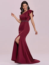 Load image into Gallery viewer, Color=Burgundy | Elegant Maxi One Shoulder Wholesale Evening Dress With Side Split Ee00104-Burgundy 3