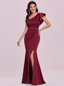 Color=Burgundy | Elegant Maxi One Shoulder Wholesale Evening Dress With Side Split Ee00104-Burgundy 4