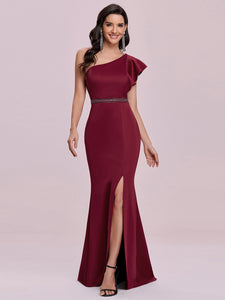 Color=Burgundy | Elegant Maxi One Shoulder Wholesale Evening Dress With Side Split Ee00104-Burgundy 1