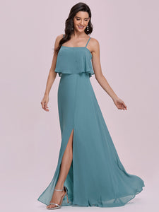 Color=Dusty blue | Simple Wholesale Side Split Chiffon Evening Dress With Spaghetti Straps Ee00108-Dusty Blue 3